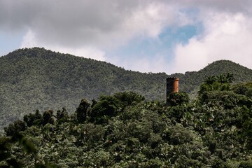 El Yunque National Forest and Yokahu Tower with scenic lush trees and high hills in Puerto Rico