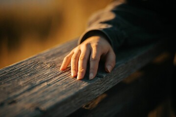 Selective focus shot of a hand on a wooden fence illuminated by the sun rays
