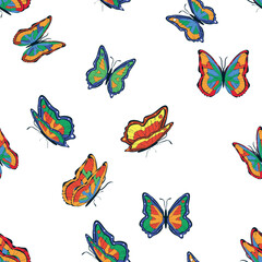 Obraz premium Bright multicolored butterflies seamless pattern. Wallpaper, background, children party, craft paper
