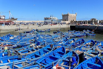 Fototapeta na wymiar Alte blaue Fischerboote im Hafen, Essaouria, Unesco-Weltkulturerbe, Marokko, Afrika