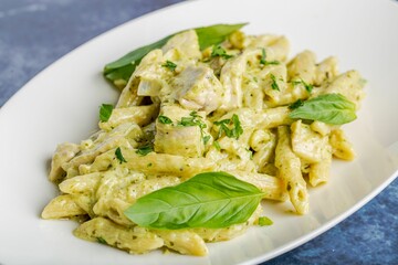 Nice shot of penne pasta with white sauce decorated with basil leaves on a white plate