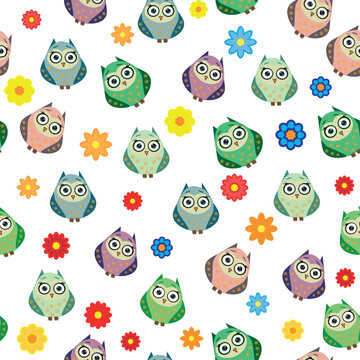 Cute multicolored owls and flowers in cartoon style, childish seamless pattern, newborn. Creative childish background for fabric, textile
