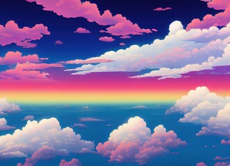 Illustration of Dramatic  Cloudy Sky in Anime style. Bright Clouds Landscape Background. AI generated image