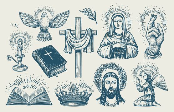 Religion symbols set sketch. Biblical motifs. Cross spirituality, catholicism, christianity religious elements