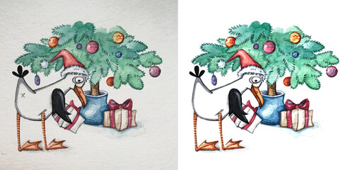 Сute seagull christmas xmas new year with gift box, character watercolor illustration painted by hand