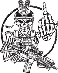 Skeleton shows middle finger wearing military gear and holding assault rifle 