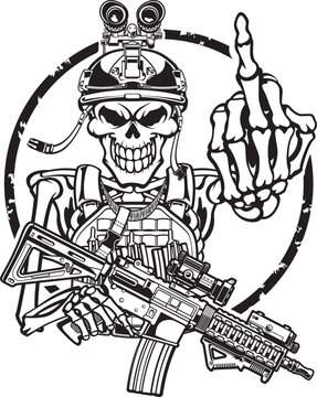 Skeleton shows middle finger wearing military gear and holding assault rifle 