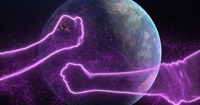 Best friend handshake in space among planet zoom in earth rotating, stars, two veri peri fists bumping . Abstraction, 3d render, neon glowing lines and particles. Concept of teamwork, friendship