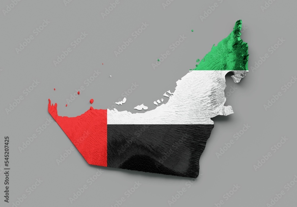 Poster 3d rendering of the dubai map flag shaded relief color height map on white background