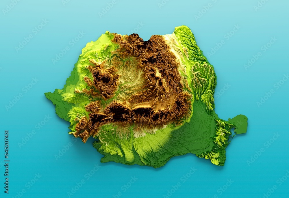 Poster top view of a 3d rendering of romania map shaded relief color height map on white background