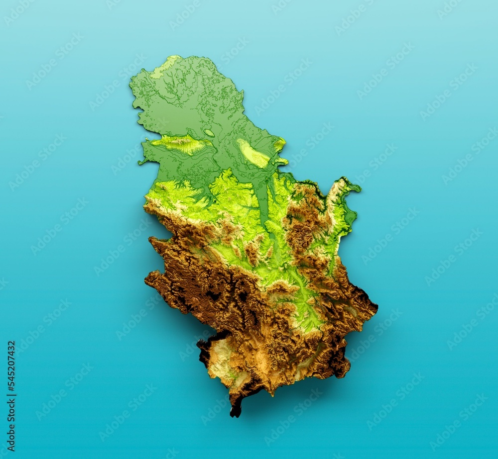 Poster top view of 3d rendering of serbia map shaded relief color height map on white background