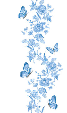 watercolor vertical seamless floral border. blue flowers with bu