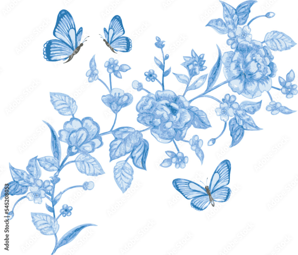 Aufkleber watercolor flowers. design swirl element with butterflies. vecto
