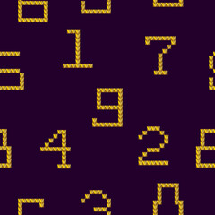 The seamless Cross stitch pattern of gold color numbers 0 to 9 on dark purple color for the background