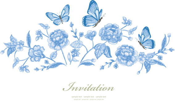 watercolor flowers. floral border with butterflies. vector illus