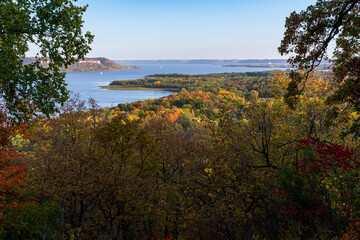 overlooking mississippi river valley from atop bluff in frontenac state park minnesota during autumn