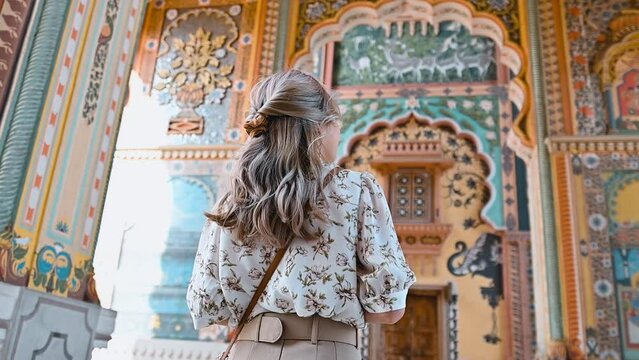 Slow-motion footage of Asian female traveling at the Patrika gate The ninth gate of Jaipur India