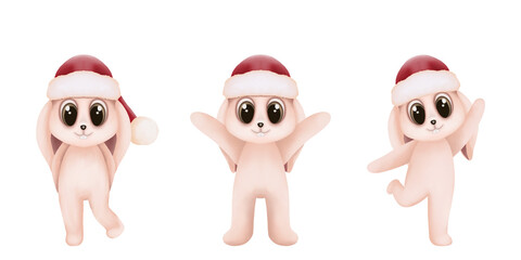 Set of Watercolor Christmas bunny. Watercolor Christmas illustration isolated on transparent background.