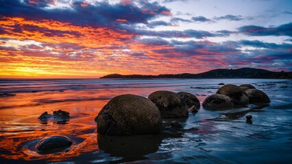 Scenic view of Moeraki Boulders Beach in Hampden, New Zealand at sunset - obrazy, fototapety, plakaty