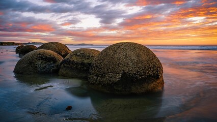 Scenic view of Moeraki Boulders Beach in Hampden, New Zealand at sunset