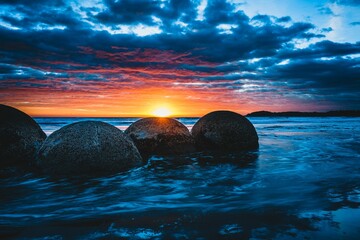 Scenic view of Moeraki Boulders Beach in Hampden, New Zealand at sunset