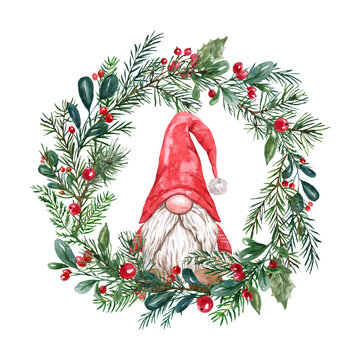 Watercolor Christmas greenery wreath and cute gnome. Festive floral frame illustration.