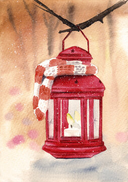 Watercolor illustration of a red Christmas lantern with a candle inside hanging on a tree branch on a winter background under falling snow