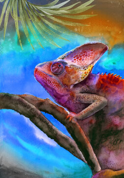 Watercolor illustration of a bright purple chameleon sitting on a tree branch against a colorful blue-yellow background