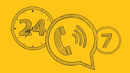 Phone icons with lettering 24-7 drawn and animated on yellow backgroun. Contact center, call center, service center, info center, customer support. 24-hour hotline. Seamless loop video.