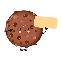 Cute funny chocolate cookies character with poster. Vector hand drawn cartoon kawaii character illustration icon. Isolated on white background. Chocolate cookies character concept