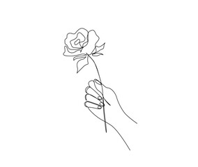 Continuous line drawing of hand holding rose. Beautiful rose flower simple line art with active stroke.