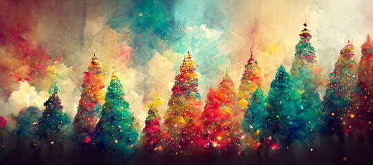 Abstract fantasy festive christmas tree background header wallpaper, winter abstract landscape. Christmas scene. Banner header. Digital art.