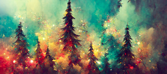 Abstract fantasy festive christmas tree background header wallpaper, winter abstract landscape. Christmas scene. Banner header. Digital art.