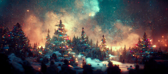 Obraz na płótnie Canvas Abstract fantasy festive christmas tree background header wallpaper, winter abstract landscape. Christmas scene. Banner header. Digital art.