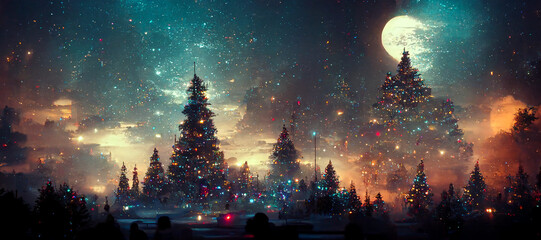 Fototapeta na wymiar Abstract fantasy festive christmas tree background header wallpaper, winter abstract landscape. Christmas scene. Banner header. Digital art.