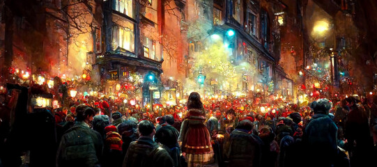 View of night crowded christmas in european town street, winter abstract landscape. Christmas scene. Banner header. Digital art.