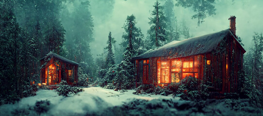 Rustic country house, snowy winter, a cozy wooden cabin cottage chalet house covered in snow near ski resort in winter with the lights turn on. Digital art.