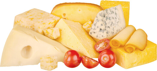 Various Kinds of Cheeses and Cherry Tomatoes - Isolated