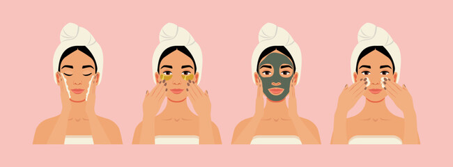 Vector flat cartoon illustration of a beautiful woman doing her skincare in the bathroom. Face cleansing, golden eye patches, mask, and cream application.  - 545214699