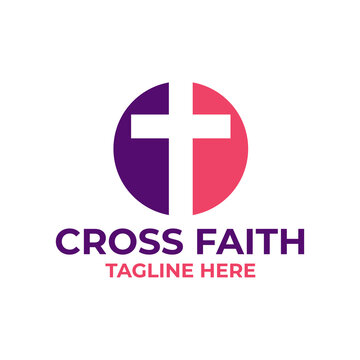 Christian cross church icon logo. Christianity symbol of Jesus Christ. Negative spac in round