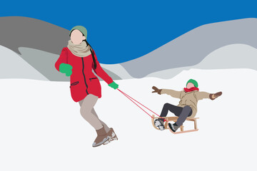 Two children playing with a sled in the snow wearing jacket. Illustration of places and activities on vacation when winter arrives in the mountains.