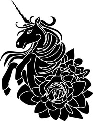 Unicorn silhouette with rose isolated. Vector illustration. Magic animal. Easy to edit. Black jumping fictional fairy unicorn. Isolated on white.
