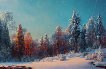Forest during winter time, white snow and ice covering the trees, cold temperature and snowy scenery
