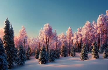 Forest during winter time, white snow and ice covering the trees, cold temperature and snowy scenery
