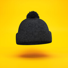 Black knitted hat floating on a yellow background, 3d render