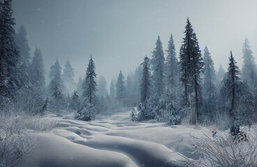 Fototapeta na wymiar Forest during winter time, white snow and ice covering the trees, cold temperature and snowy scenery 