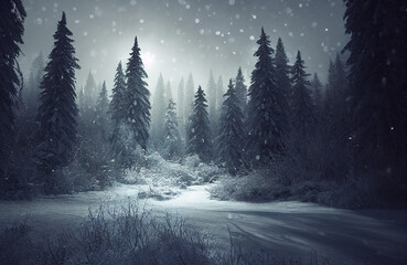 Forest during winter time, white snow and ice covering the trees, cold temperature and snowy scenery
