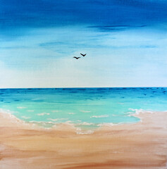 Fototapeta na wymiar Azure clear ocean, white sand calm water. Drawing of bright blue sky over the sea. Picture contains interesting idea, aesthetic pleasure. Canvas stretched on a stretcher, oil acrylic watercolor paints