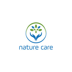 Nature health logo design with leaf hand and human symbol for eco clinic care organic wellness herbal spa environment growth concept green business vector template illustration