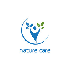 Nature health logo design with leaf hand and human symbol for eco clinic care organic wellness herbal spa environment growth concept green business vector template illustration